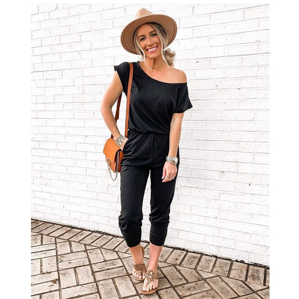 Women's Loose Solid Off Shoulder Elastic Waist Stretchy Long Romper Jumpsuit